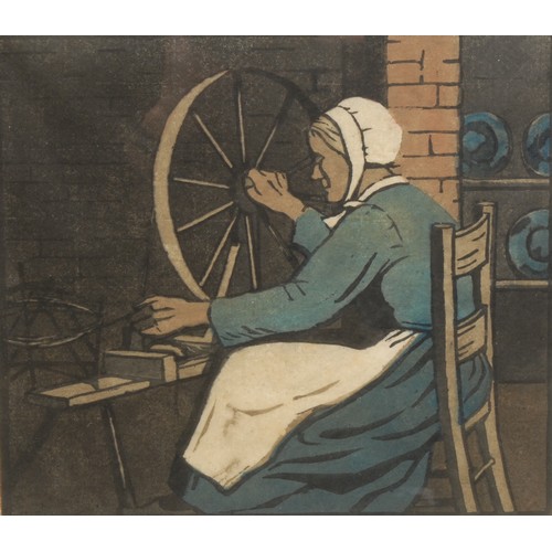 2169 - Janet Fisher (fl.1891 - 1925), At The Spinning Wheel, colour woodcut, signed in pencil, 28cm x 31cm