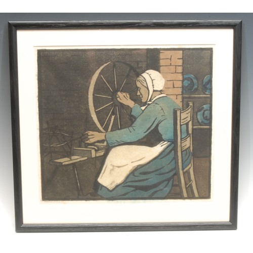 2169 - Janet Fisher (fl.1891 - 1925), At The Spinning Wheel, colour woodcut, signed in pencil, 28cm x 31cm