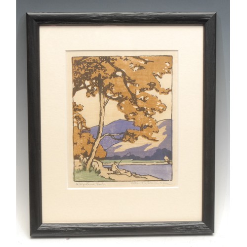 2144 - Helen G. Stevenson (fl. 1920-1936) 
A Highland Loch 
signed, titled, colour woodcut, 15cm x 12.5cm