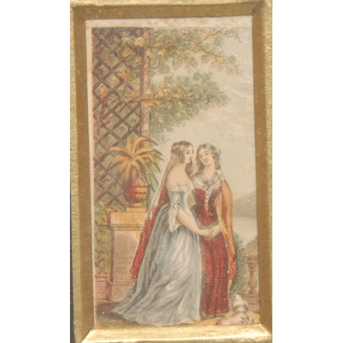 2114 - George Baxter (1804-1867), a pair of miniatures, Italianate River Scene and a Lady and her Maid, col... 