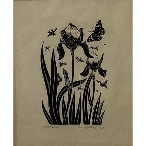 2299 - Robert Gibbings  (Irish 1889 - 1958), Iris and Insects, woodcut, signed in pencil, dated 1958, 19.5c... 