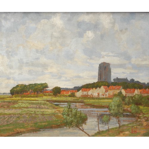 2112 - Frederick Marriott (1860-1941) 
Bulb Fields on the River Witham, Lincolnshire 
monogrammed, oil on b... 