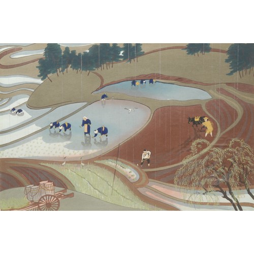 2274 - Ohno Bakufu (1888-1976) 
Rice Farming 
signed, colour woodcut, 26cm x 38cm