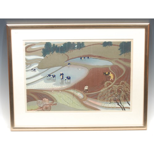 2274 - Ohno Bakufu (1888-1976) 
Rice Farming 
signed, colour woodcut, 26cm x 38cm