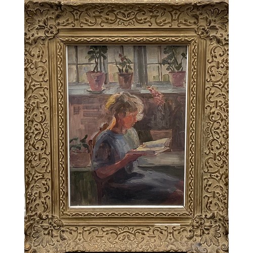 2086 - English/Scottish School (20th century) 
Girl Reading   
unsigned, oil on board, 33.5cm x 23.5cm