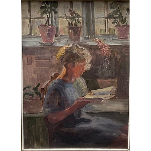 2086 - English/Scottish School (20th century) 
Girl Reading   
unsigned, oil on board, 33.5cm x 23.5cm