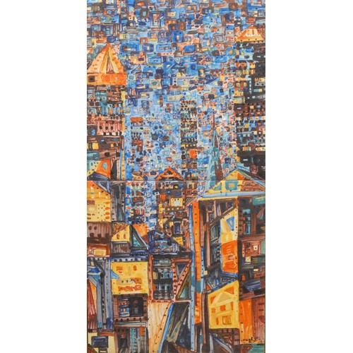 2154 - Hugh (Expressionist School, 20th century) 
Cityscape at Night 
signed, oil on tiles, 32cm x 16cm