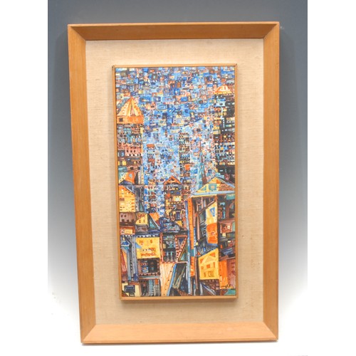 2154 - Hugh (Expressionist School, 20th century) 
Cityscape at Night 
signed, oil on tiles, 32cm x 16cm