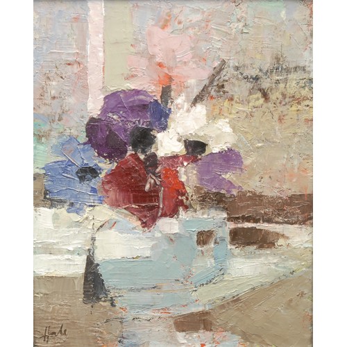 2145 - Helen Hale (b. 1936-) 
Still Life with Flowers 
signed, oil on board, 24.5cm x 19.5cm