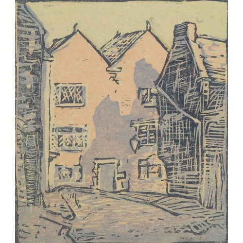 2078 - English School (20th century) 
Corner of a Village Street 
indistinctly signed, linocut, 18cm x 15cm