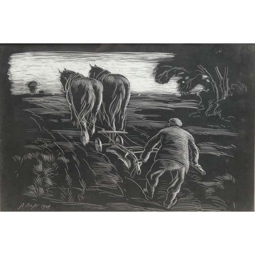 2000 - Alan Blyth (1899-1956) 
The Ploughman 
signed, dated 1948, scraper board, 27cm x 40cm