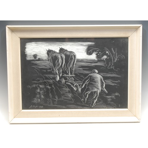 2000 - Alan Blyth (1899-1956) 
The Ploughman 
signed, dated 1948, scraper board, 27cm x 40cm