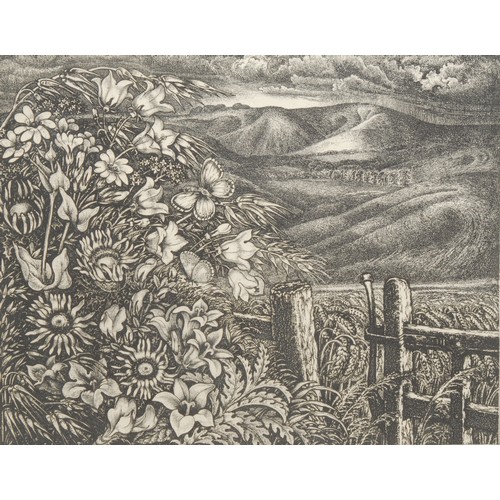 2306 - Robin Tanner (1904-1988) 
August in Wiltshire 
signed, dated 1976, etching, 26.5cm x 31.5cm