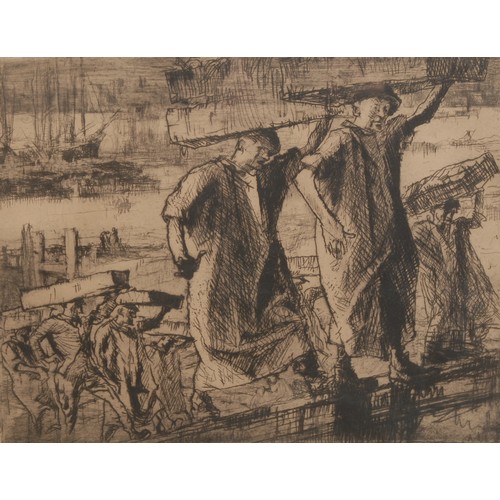 2103 - Frank Brangwyn (1857-1956) 
Fish Porters.  
signed, etching, 30cm x 36cm