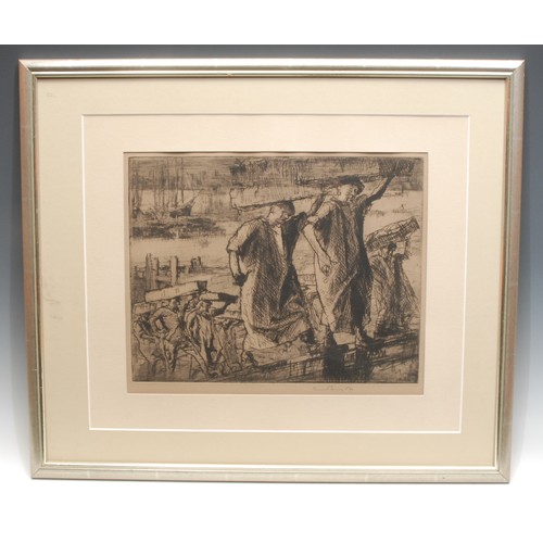 2103 - Frank Brangwyn (1857-1956) 
Fish Porters.  
signed, etching, 30cm x 36cm