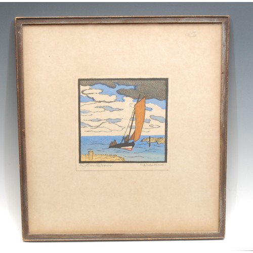 2069 - Elizabeth Christie Austen Brown (1869-1942) 
Sailing Boat 
signed, colour woodcut, 13.5cm x 13.5cm