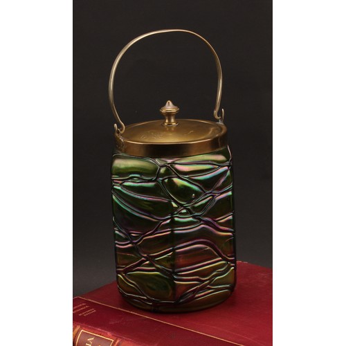 2417 - An Art Nouveau glass biscuit barrel, probably Pallme König, in the manner of Lötz, 19cm high overall