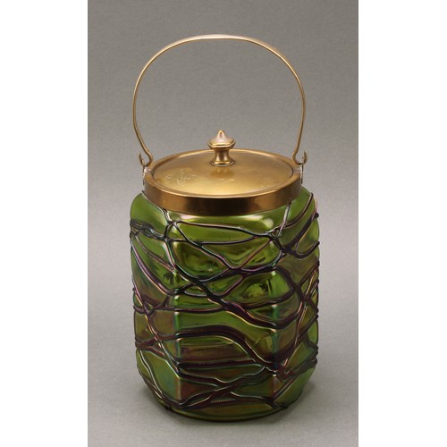 2417 - An Art Nouveau glass biscuit barrel, probably Pallme König, in the manner of Lötz, 19cm high overall