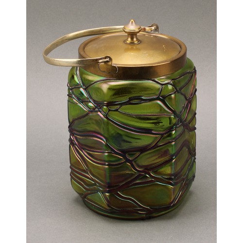 2417 - An Art Nouveau glass biscuit barrel, probably Pallme König, in the manner of Lötz, 19cm high overall