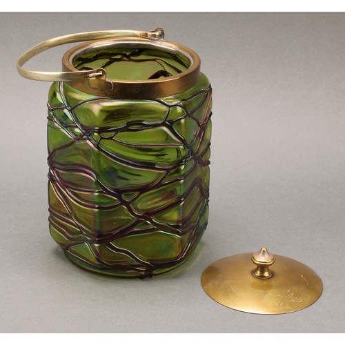 2417 - An Art Nouveau glass biscuit barrel, probably Pallme König, in the manner of Lötz, 19cm high overall