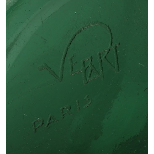 2407 - A French Art Deco green glass bell shaped vase, by Verart Paris, etched with geese in flight, 20.5cm... 