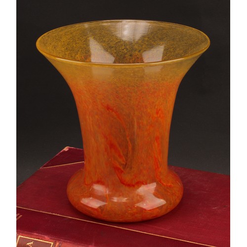 2414 - A Scottish Vasart glass flared cylindrical vase, decorated in tones of mottled orange, etched mark t... 