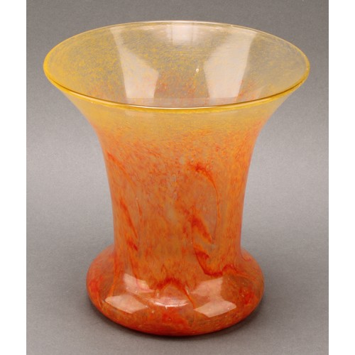 2414 - A Scottish Vasart glass flared cylindrical vase, decorated in tones of mottled orange, etched mark t... 