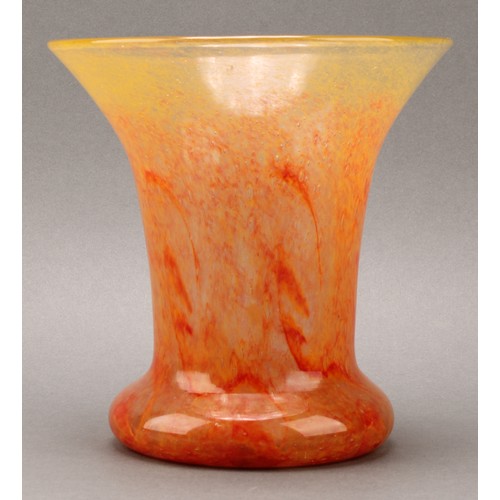 2414 - A Scottish Vasart glass flared cylindrical vase, decorated in tones of mottled orange, etched mark t... 