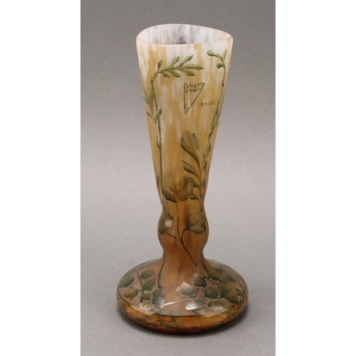 2406 - A Daum Nancy cameo glass vase, decorated with flowers on a mottled ground, 22cm high, signed