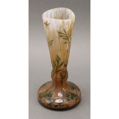 2406 - A Daum Nancy cameo glass vase, decorated with flowers on a mottled ground, 22cm high, signed