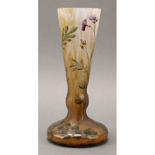 2406 - A Daum Nancy cameo glass vase, decorated with flowers on a mottled ground, 22cm high, signed