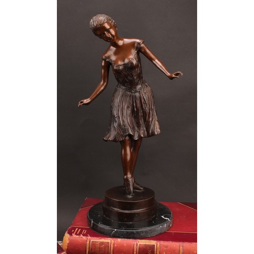 2397 - Contemporary School, a brown patinated bronze, of a ballerina, marble base, 46cm high overall