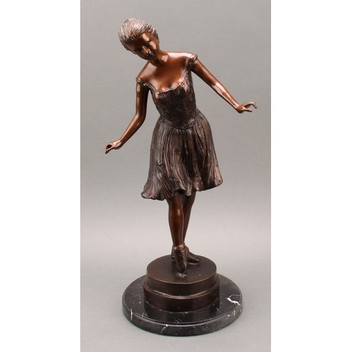 2397 - Contemporary School, a brown patinated bronze, of a ballerina, marble base, 46cm high overall