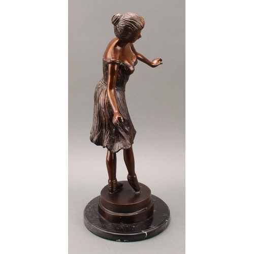 2397 - Contemporary School, a brown patinated bronze, of a ballerina, marble base, 46cm high overall