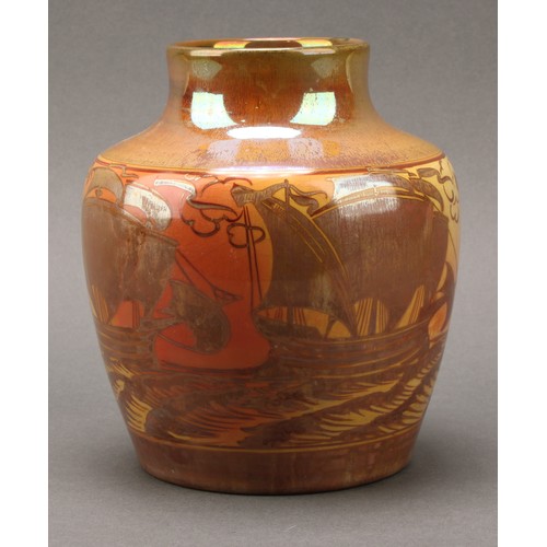 2391 - A Pilkington's Royal Lancastrian ovoid vase, decorated in copper lustre with galleons on a yellow gr... 