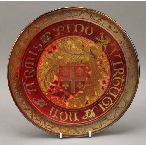 2436 - A Pilkington's Royal Lancastrian circular charger, decorated in gilt and red lustre, with armorial a... 