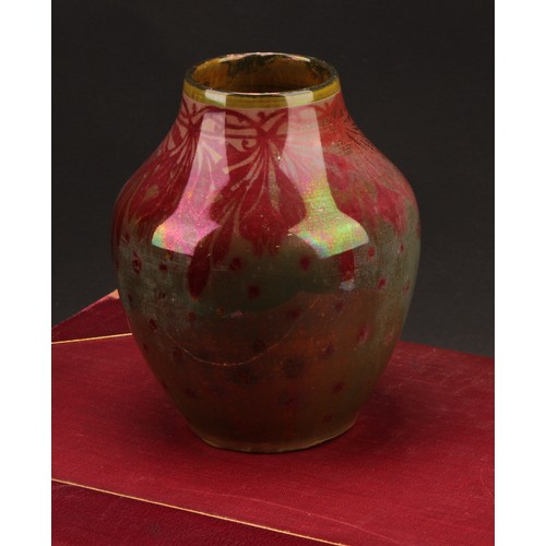 2469 - A Pilkington's Royal Lancastrian lustre ovoid vase, decorated in tones of red on a copper-green grou... 