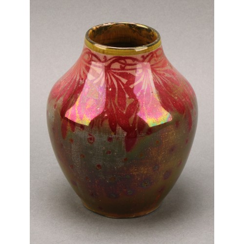 2469 - A Pilkington's Royal Lancastrian lustre ovoid vase, decorated in tones of red on a copper-green grou... 