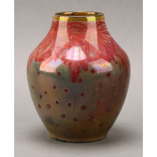 2469 - A Pilkington's Royal Lancastrian lustre ovoid vase, decorated in tones of red on a copper-green grou... 