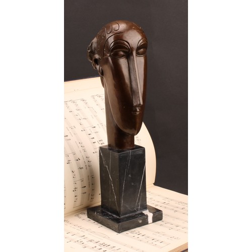 2476 - After Amedeo Modigliani, a brown patinated bronze, Head, marble plinth, 37cm high, late 20th century