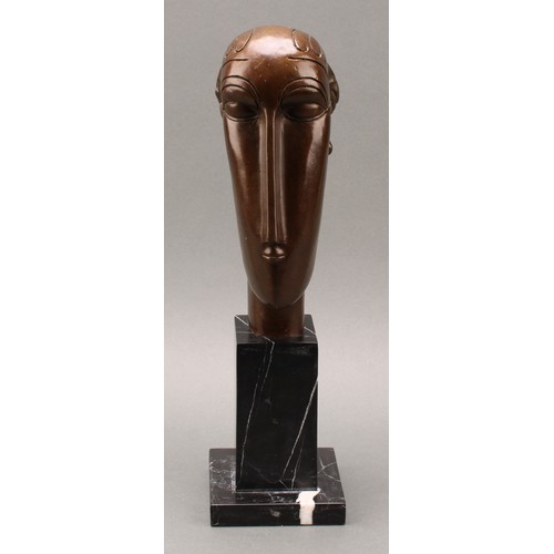 2476 - After Amedeo Modigliani, a brown patinated bronze, Head, marble plinth, 37cm high, late 20th century