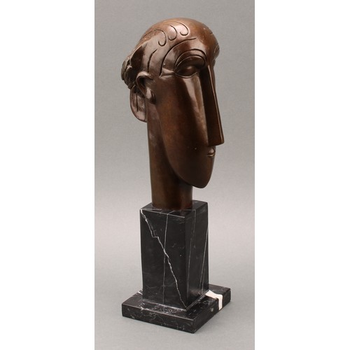 2476 - After Amedeo Modigliani, a brown patinated bronze, Head, marble plinth, 37cm high, late 20th century