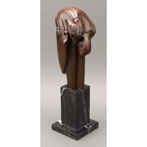 2476 - After Amedeo Modigliani, a brown patinated bronze, Head, marble plinth, 37cm high, late 20th century