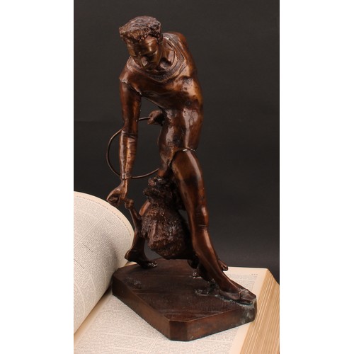 2479 - French School (20th century), a brown patinated bronze, of a Pierrot with a performing poodle, cante... 