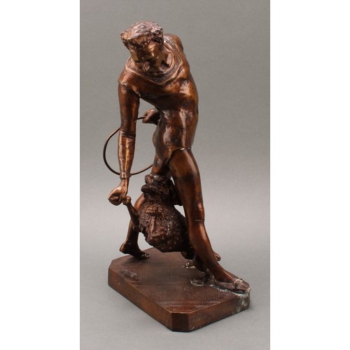 2479 - French School (20th century), a brown patinated bronze, of a Pierrot with a performing poodle, cante... 