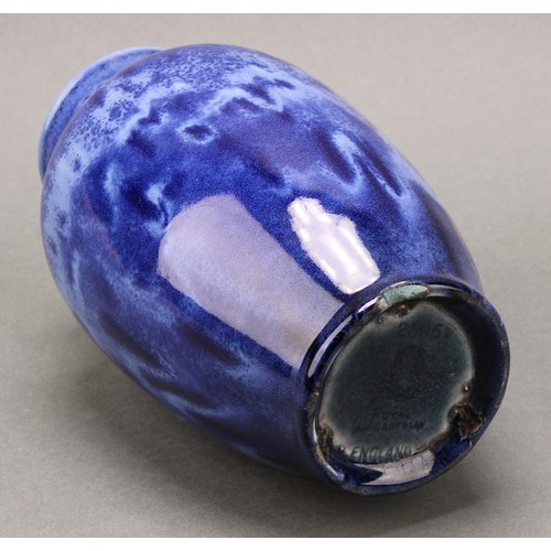 2440 - A Pilkington's Royal Lancastrian Pottery ovoid vase, decorated in mottled tones of blue, 16cm high, ... 