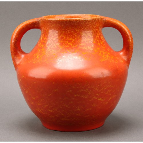 2444 - A Pilkington's Royal Lancastrian two handled ovoid vase, glazed in tones of mottled orange, 18cm hig... 