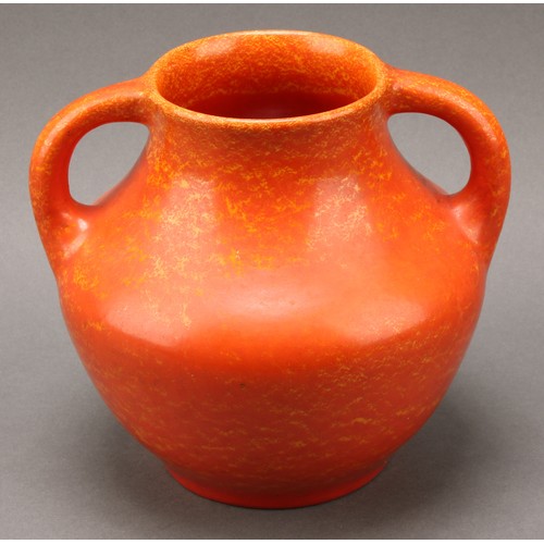 2444 - A Pilkington's Royal Lancastrian two handled ovoid vase, glazed in tones of mottled orange, 18cm hig... 