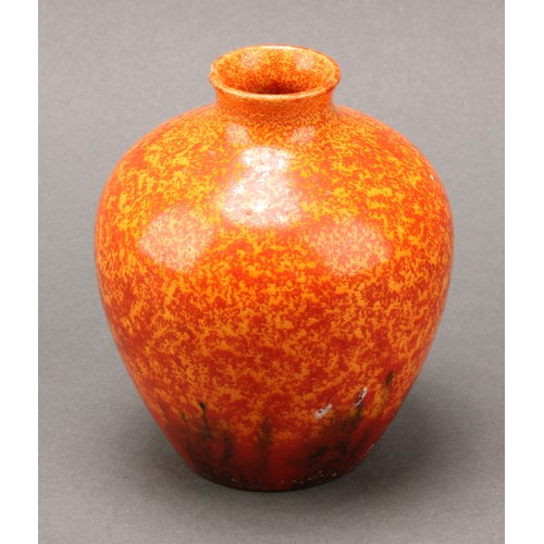 2444 - A Pilkington's Royal Lancastrian two handled ovoid vase, glazed in tones of mottled orange, 18cm hig... 