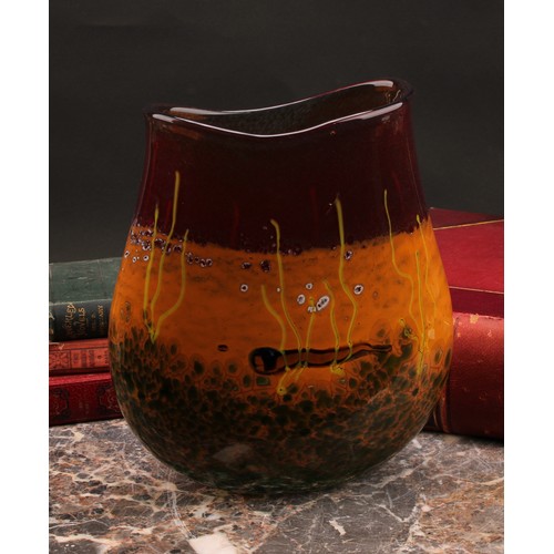 2449 - A Siddy Langley studio glass vase, decorated in tones of orange and red, 24cm high, signed, dated 20... 